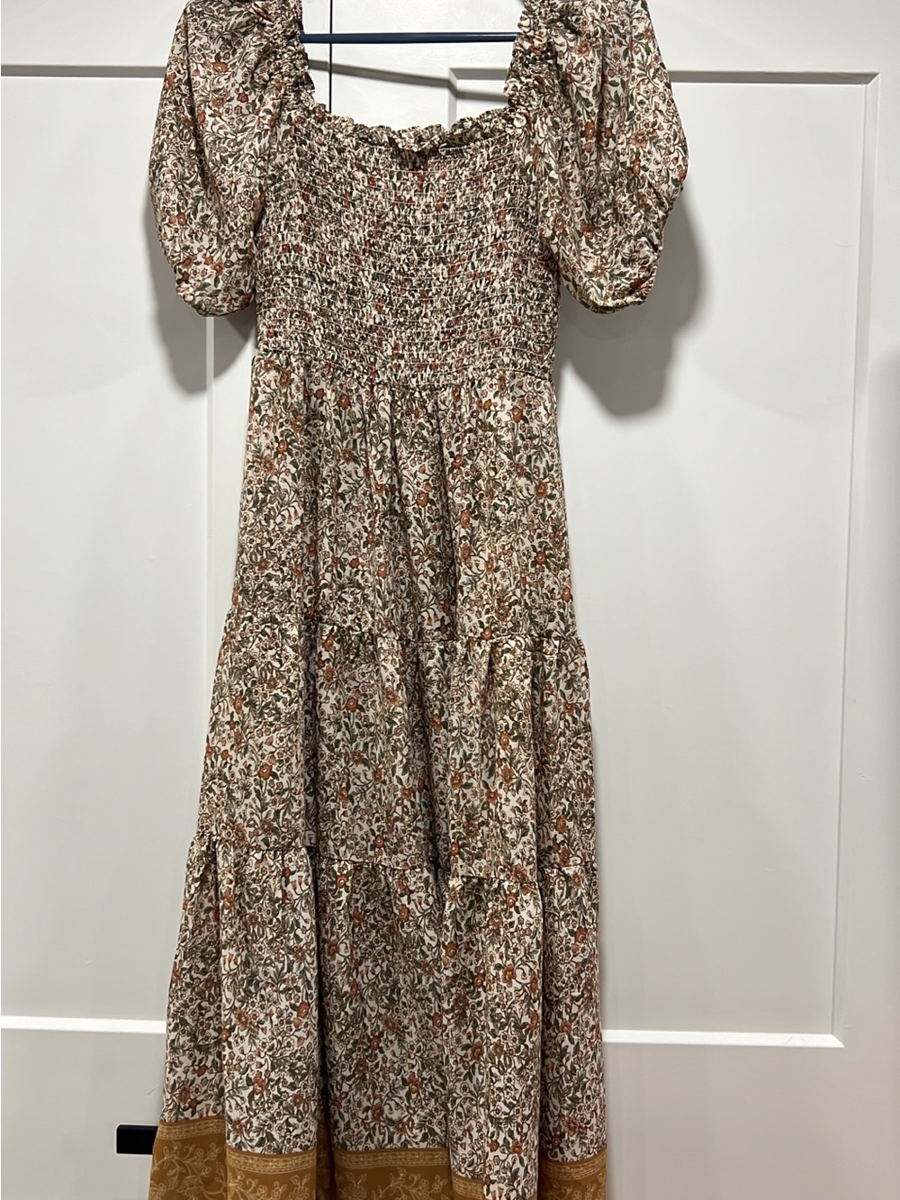 Floral Tiered Maxi Dress with Puff Sleeves - Cream, Brown & Green